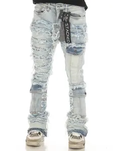 Stylo Light Blue Mens 3 Pocket Premium Distressed Stacked Jeans Streetwear Pants