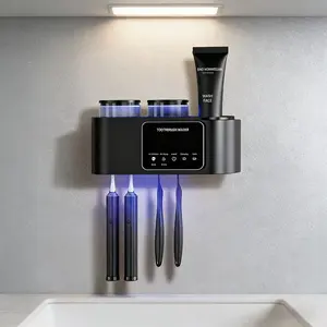 Wall Mounted Toothbrush Holder with 2 Cups Smart Sterilizer for Effective Cleaning Drying White Toothbrushes Adhesive Tape Sticky Hook Bathroom Accessory
