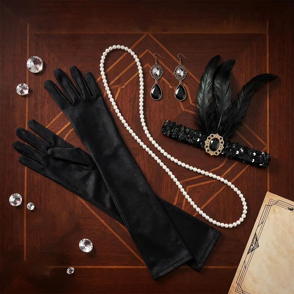 4Pcs Chic Women's Vintage 1920s Flapper Great Gatsby Accessory Set - Beaded Necklace, Feather-Pearl Headband, Earrings, Party Decor, Friend Gift