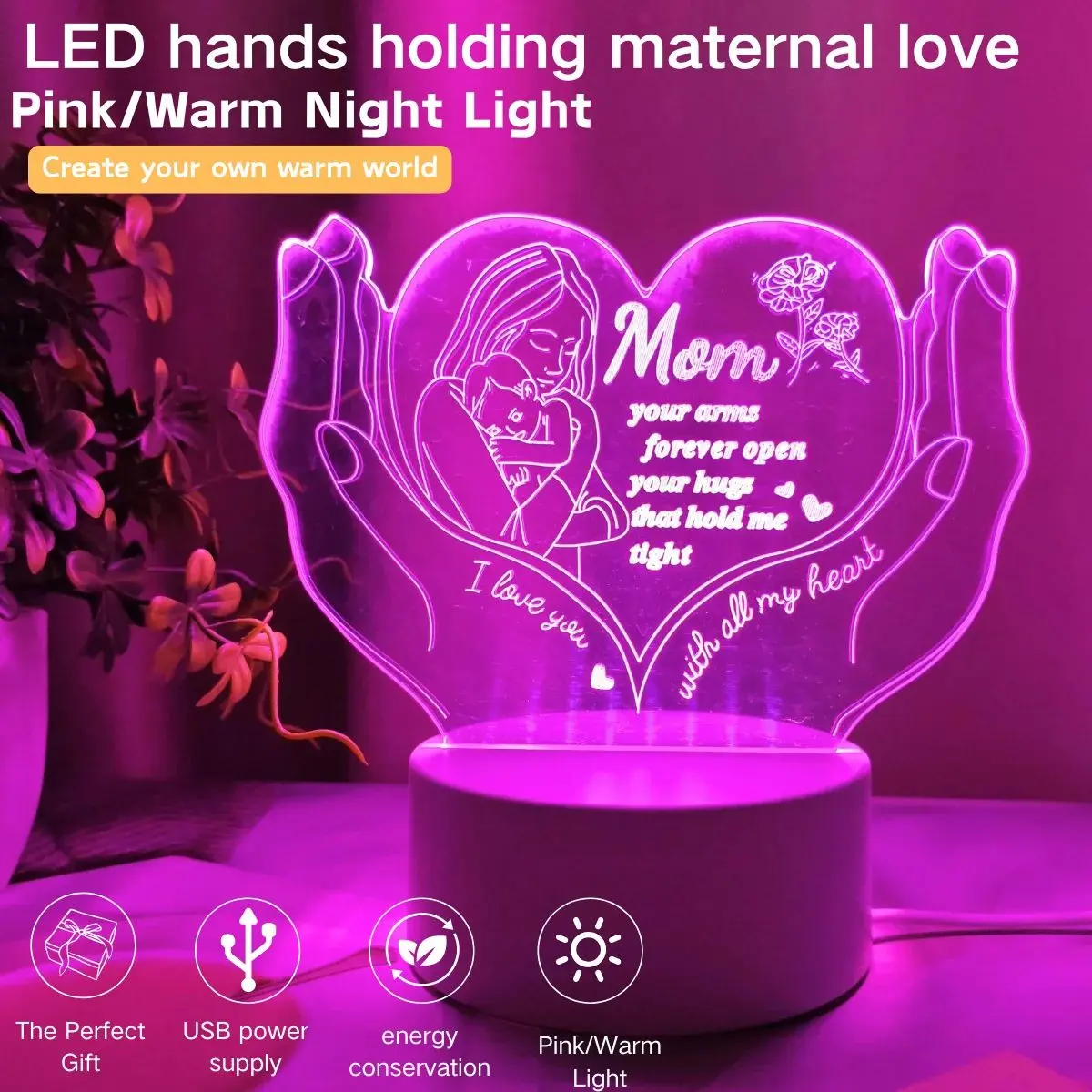 1 Pc 3D Illusion Illuminated Night Light LED Neon Lights, USB Powered, Bedroom Desktop Party Decorative Lighting Lamp, Mother's Day Thanksgiving Birthday Gift, LED Nightlight
