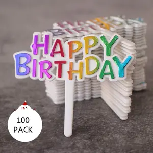 100pcs Vibrant Happy Birthday Cake Toppers in colorful - Durable Plastic, Easy-to-Insert Birthday Card Decorations for Festive Cake Baking, Cake Decorating Supplies for Halloween,Christmas Event & Party Supplies