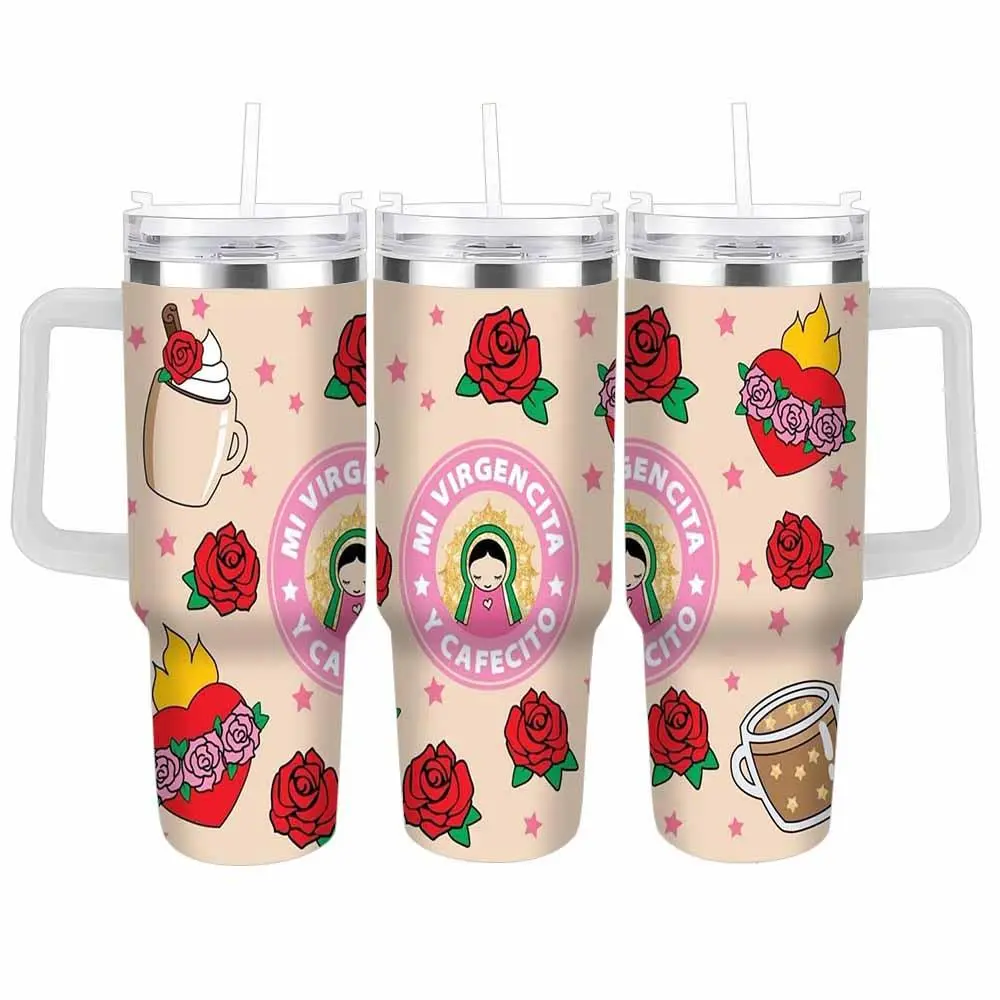 Stainless Mexican Virgin Guadalupe Rose Heart Graphic Modern Insulated Tumbler Flask - 40oz/30oz/20oz Portable Drink Cup with Lid, Straw, Durable, Ideal for Daily Commute, Mother’s Day Gifts, Coffee Lovers