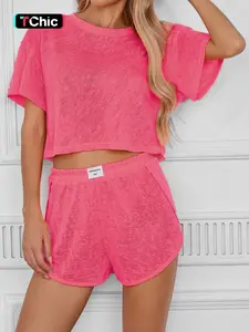2-Piece Summer Pajama Set, Loungewear, Casual Loose-Fit, Breathable Knitted Top, Side Slits Shorts, Home Beach Resort Wear, All Seasons, Pjs, Nightwear, Womenswear