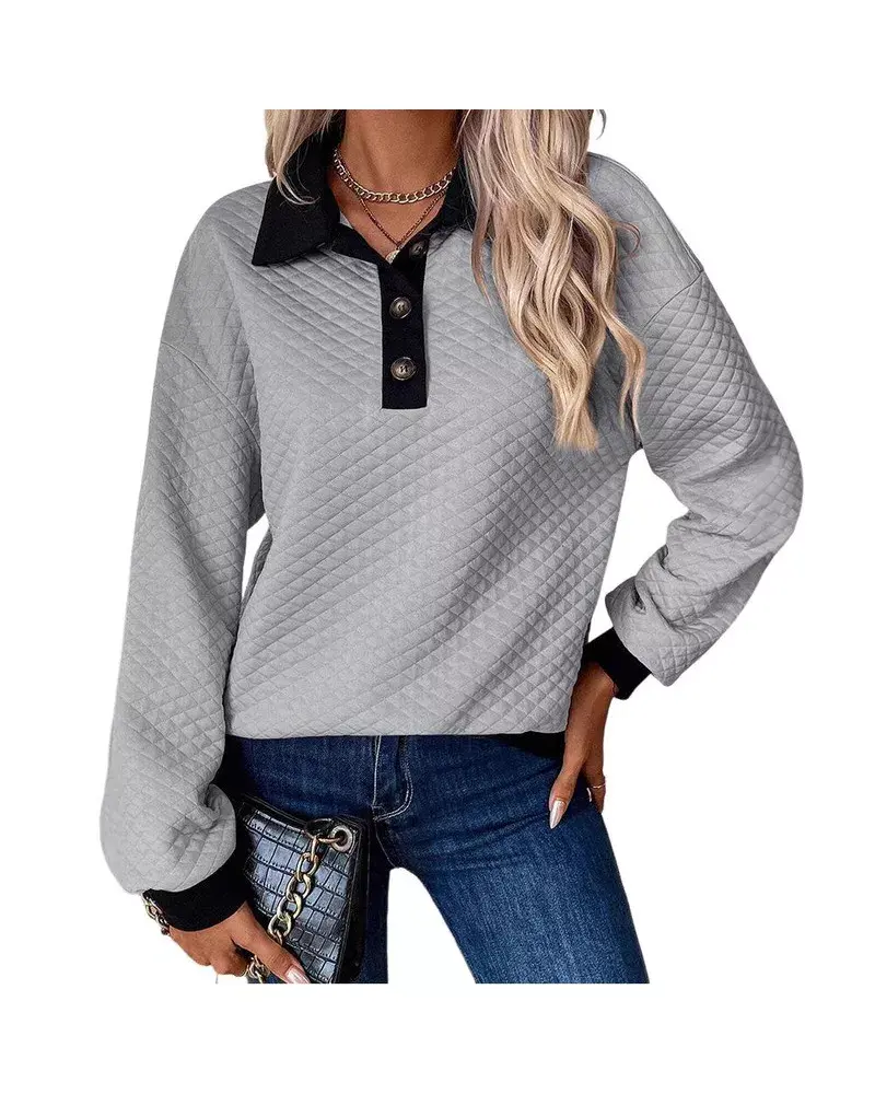 Coolmee Women's Long Sleeve Tops Textured Colorblock Buttoned Sweatshirt Collar Top Grey M