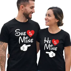 SageSprint  [Couple Style] Matching Couple T-shirts - "He's mine, she's mine" Valentine's Day gift, comfortable and loose T-shirts, unisex casual spring/autumn sportswear, black with red heart pattern, Valentine's Day shirt.