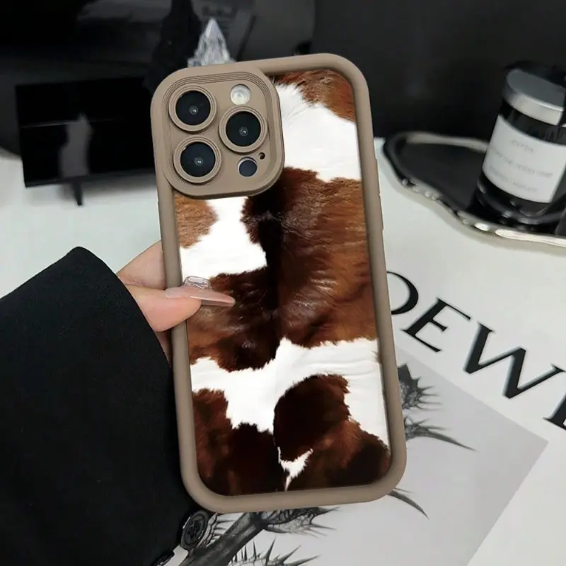 Creative Cow Pattern Brown Soft TPU Silicone Smartphone Casing - Shockproof Protection Cellphone Accessory with Camera Shield, Raised Edges for iPhone 17 Pro Max,16,16e,15,14 Plus,13,12 Mini,11,Air,X,XS, 2D Printed Rugged Cover, Ideal Gift