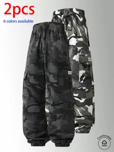 2-pack men’s long pants: camouflage cargo jogger pants with an elastic drawstring waistband and large side pockets; loose fit that doesn’t constrict the legs. Available in multiple colors; suitable for outdoor hiking and camping, everyday streetwear, shor