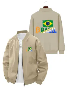 Fashion Trendy Men's Jacket with Brazil Flag and Bitcoin Pattern for Daily Casual Wear and Commuting