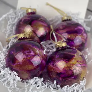 Set of 4 Epoxy Purple and Gold Glitter Alcohol Ink Swirl Ornaments, 4” Plstic Round Christmas Ornaments