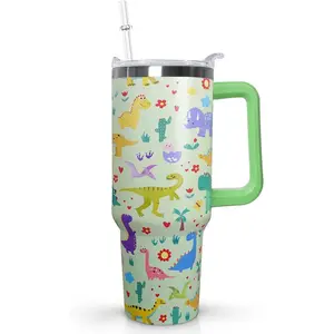 Ceovfoi 40 oz Printed Dinosaur Stainless Steel Vacuum Flask Tumbler - Transparent Straw Lid, Portable Beverage Mug for Coffee/Tea/Water, Birthday Gift for Girlfriend, Kitchenware Accessory