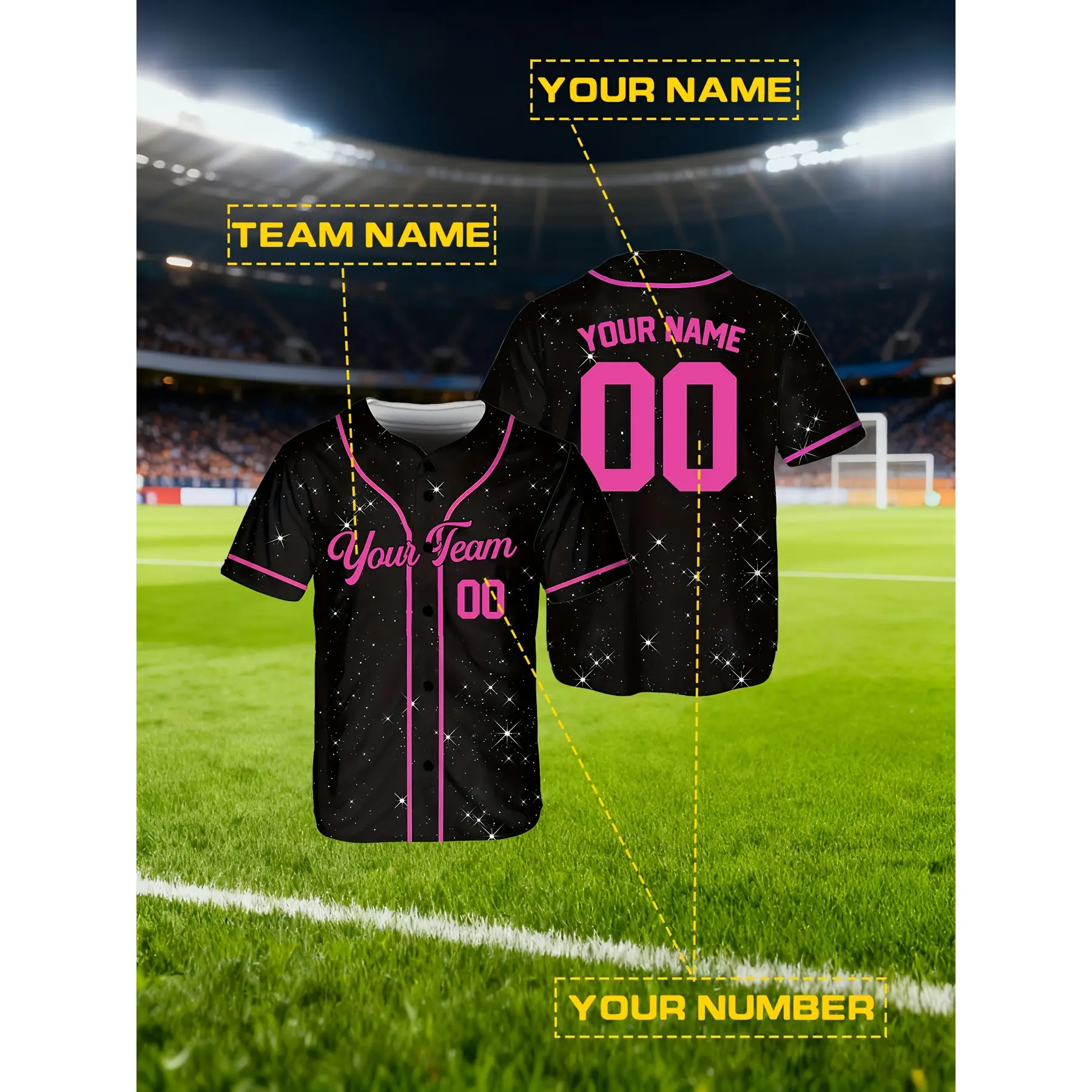 [S-4XL] Unisex Custom Starry Sky Baseball Jersey, Unique Fluorescent Rose Red Contrast Color Baseball Jersey, Personalize with your name and number, Training and competition jersey, Custom jersey, Party theme jersey top, Breathable and comfortable
