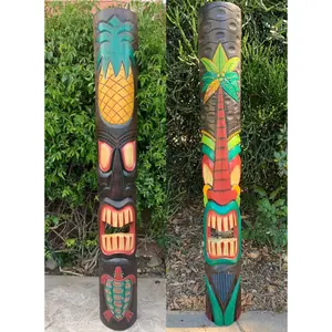 5 Foot Set of Hand Carved Wooden Tiki Totem Masks Palm Tree and Pineapple Tropical Bar Patio Decor 5'x7"