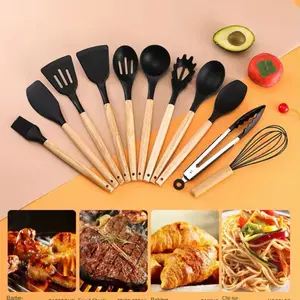Kitchen and dining set Complete Cooking Upgrade 11-Piece Silicone Tools with Wooden Handles for BBQ Fried Steak Pasta and Baking