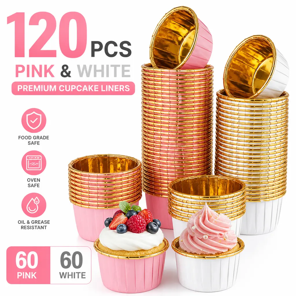 120-Pack Thick Reusable Aluminum Foil Muffin Cases - Heatproof Bakeware Liner Cupcake Molds, Cupcake Wrappers, No-Soaking, No-Collapsing Baking Cups for Weddings, Birthdays