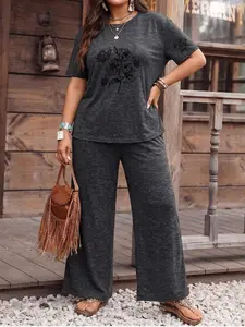 Plus Size Women's Two-Piece Set, Womenswear Ink Wash Pattern, Vintage Distressed Short Sleeve Round Neck & Wide-Leg Pants, Summer Versatile Casual Home & Outdoor Wear