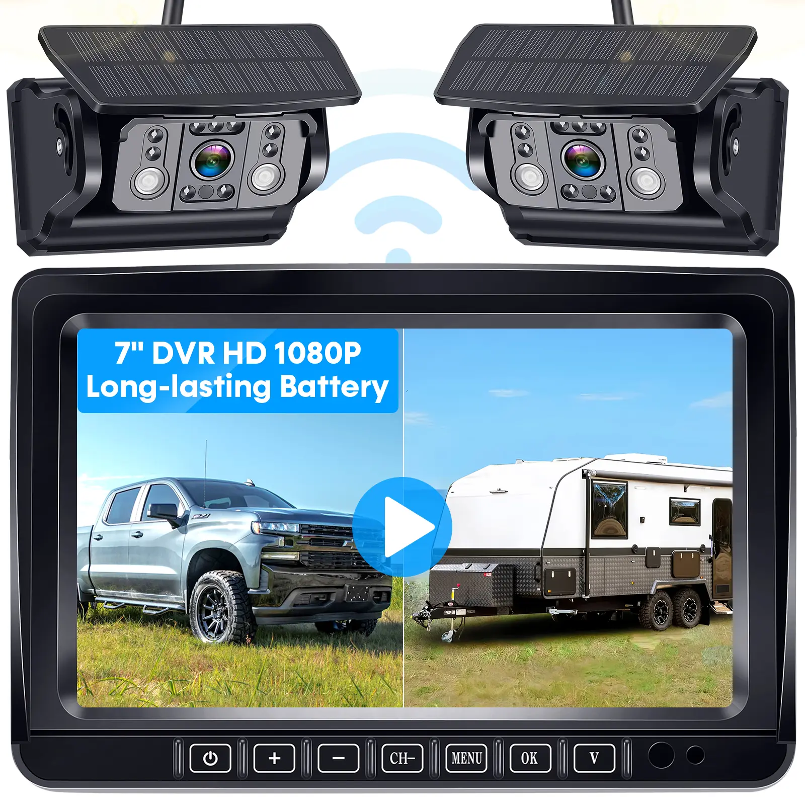 Dual Magnetic Wireless Backup Camera Video Surveillance System for RV & Truck - 7-in Recording Monitor, 4-Channel Solar-Powered 1080P HD Visibility, Easy Setup, Long Battery Life, ABS, 170° Wide-Angle, Infrared Night Vision, R73 Model Car Accessories,tool