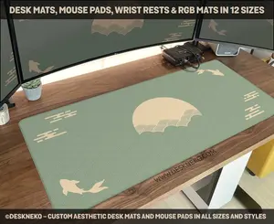 Japanese Desk Mat, Sage green Mousepad aesthetic, Clouds Koi fish sun art Japan, Matcha waves Large XXL Gaming Deskmat RGB LED mouse pad, Desk Mat Gifts