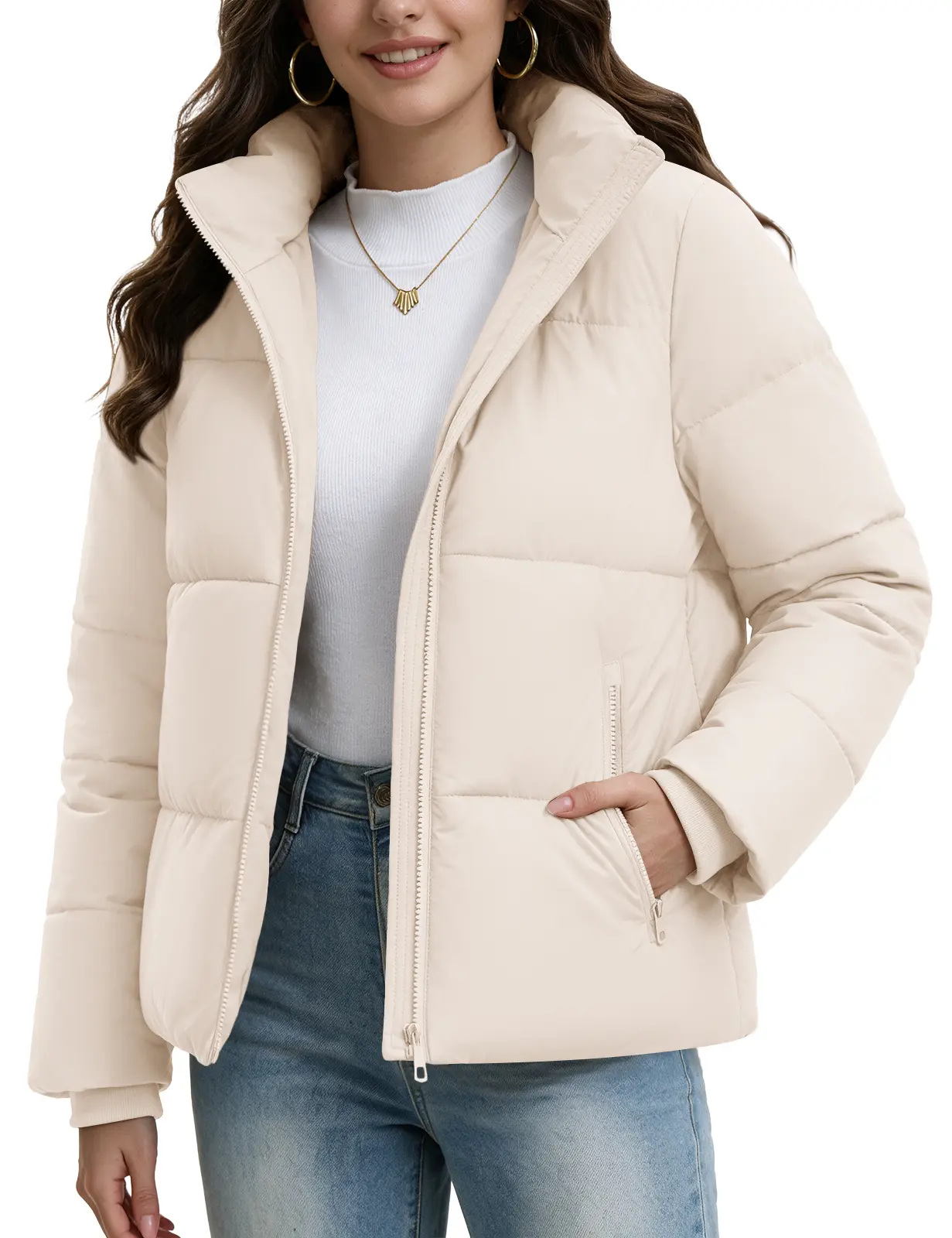 Women's Short Puffer Winter Jacket, Detachable Hood, SBS Zipper, Water Repellent 100% Polyester Fabric, Windproof Ribbed Cuffs, Secure Zip Pockets Casual Warm Outerwear for Daily Outdoor Wear
