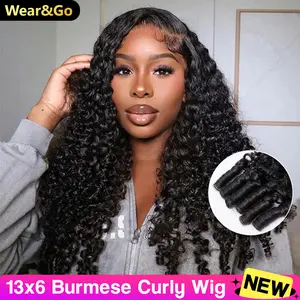 OQ HAIR 13x6 Burmese Curly Glueless Wear Go Wigs 220% Density With Drawstring Pre Bleached Tiny Knots Human Hair Lace Frontal Wigs Glueless Curly Wigs Pre Plucked Natural Hairline Vacation Hair Outdoorfun dealsforyoudays