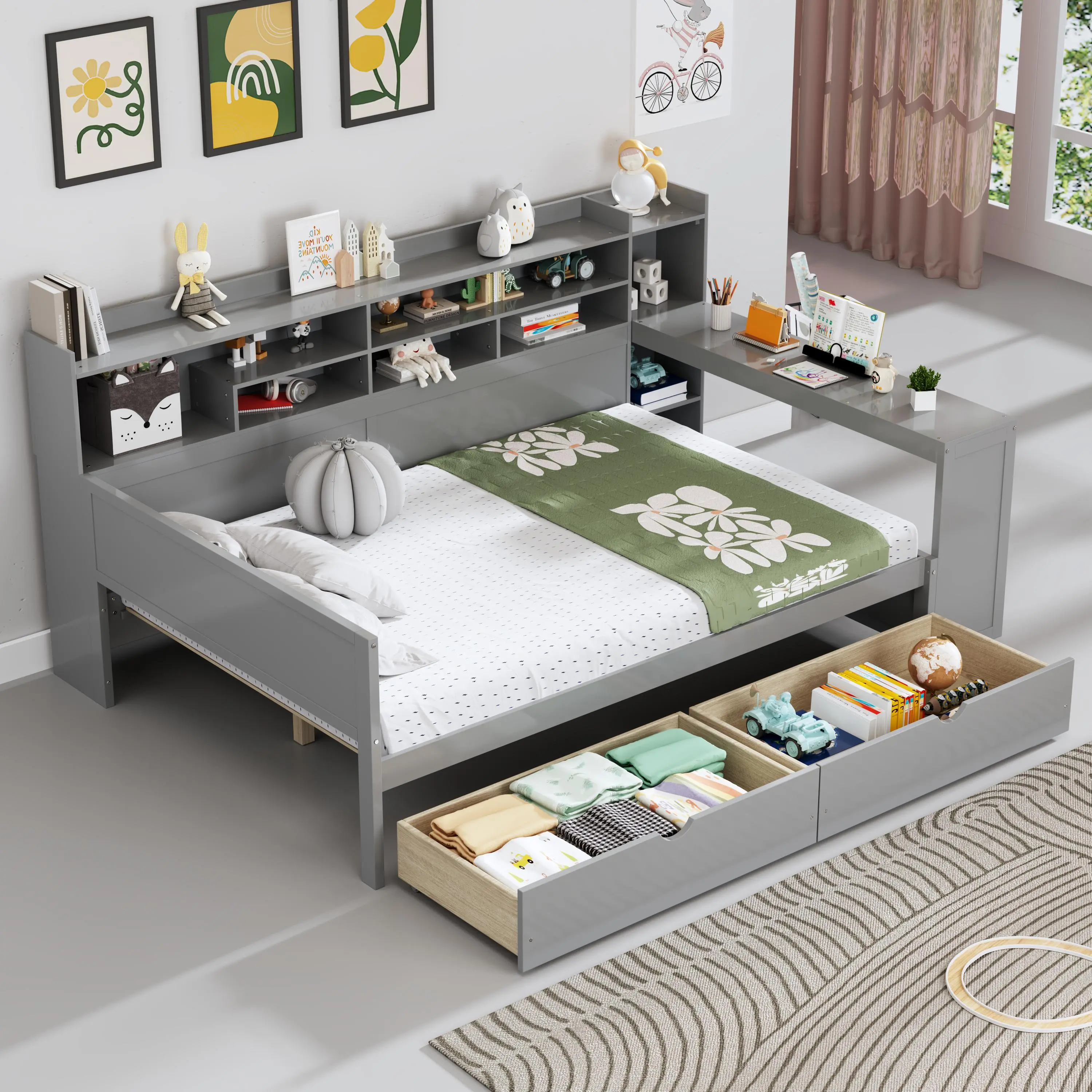 Modern Stylish Wooden Storage Daybed with Built-in Desk, Full Size