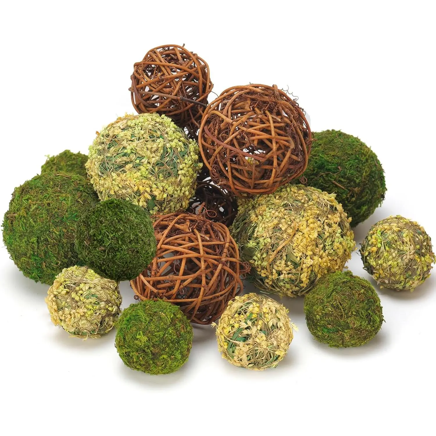 Decorative Balls for Centerpiece Bowls, 18 count  Moss Balls + Wicker Rattan Balls Set Vase Bowl Filler for Home Garden Wedding Party Decor (Fresh Green + Rustic Brown)