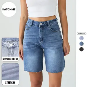 KatchMe Women's Vintage Mid-Rise Tassel Hem Baggy Denim Bermuda Shorts, Street Womenswear, Versatile Women's Bottom for Spring & Summer