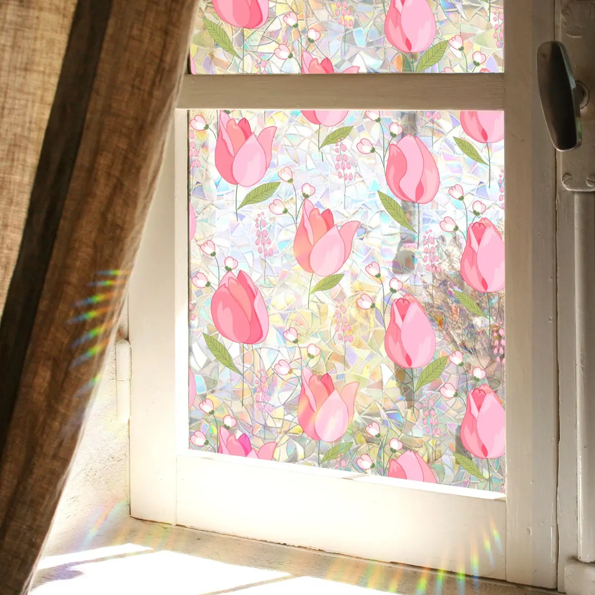 (40*100cm) pink flower floral tulip colorful 2D flat window decorative sticker, window decoration electrostatic glass sticker, Decal Sticker, Floral Stickers, Floral Pattern Sticker, Decoration Items, XC3028-YL