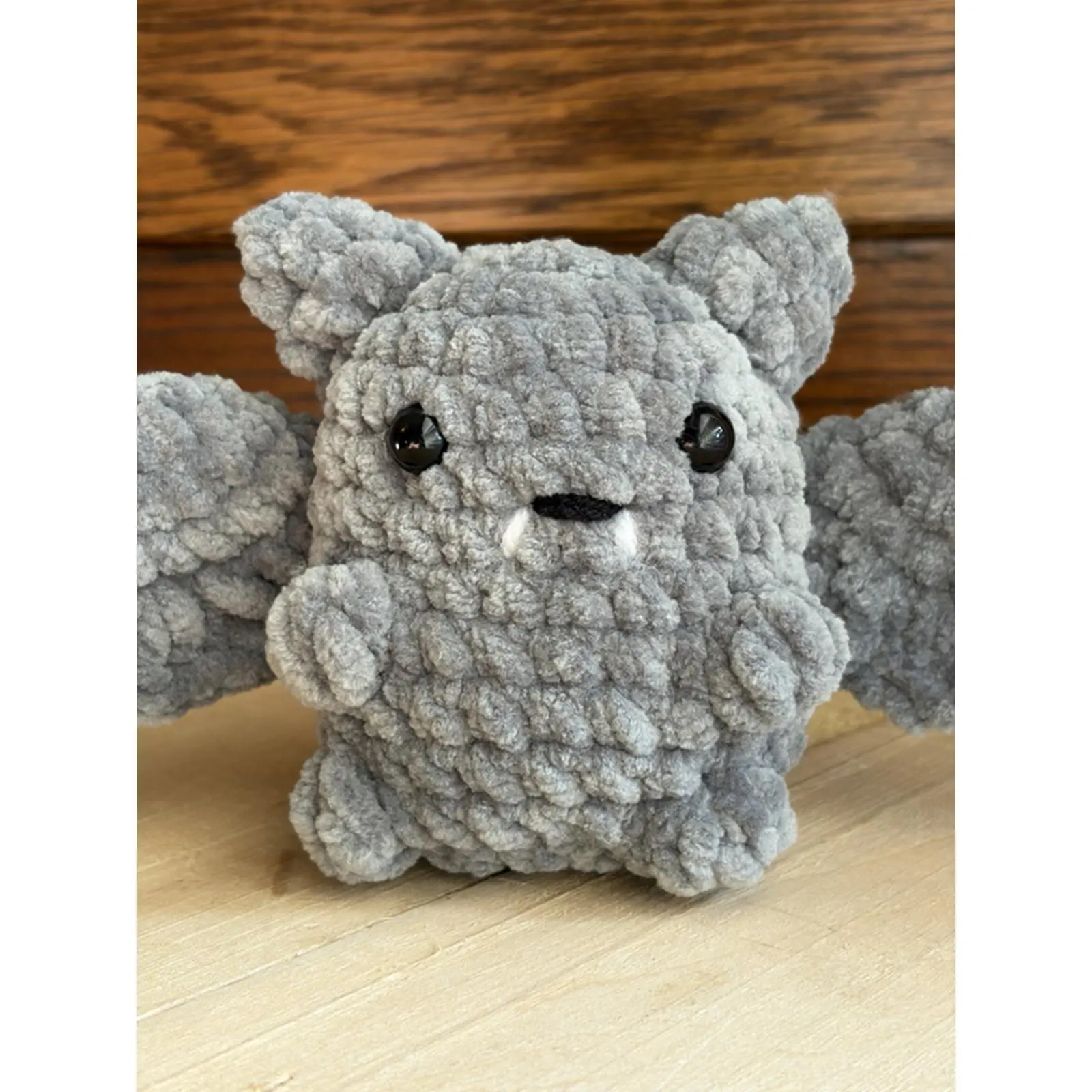 Crocheted Chubby Baby Bat Plushie 10x17x6.5 cm Grey with Plastic Safety Eyes Fall Decor Desk Pet Gift