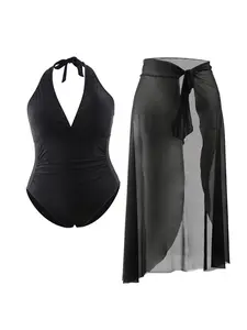 [Plus Size] Bow Back Ruched Sheer Swimsuit Set, Solid Color / Floral Print Halter Neck One-piece Swimsuit & Cover Up Skirt, Women's Swimwear for Beach Holiday Vacation, Swimwear Coverups, Beach Outdoor Wear