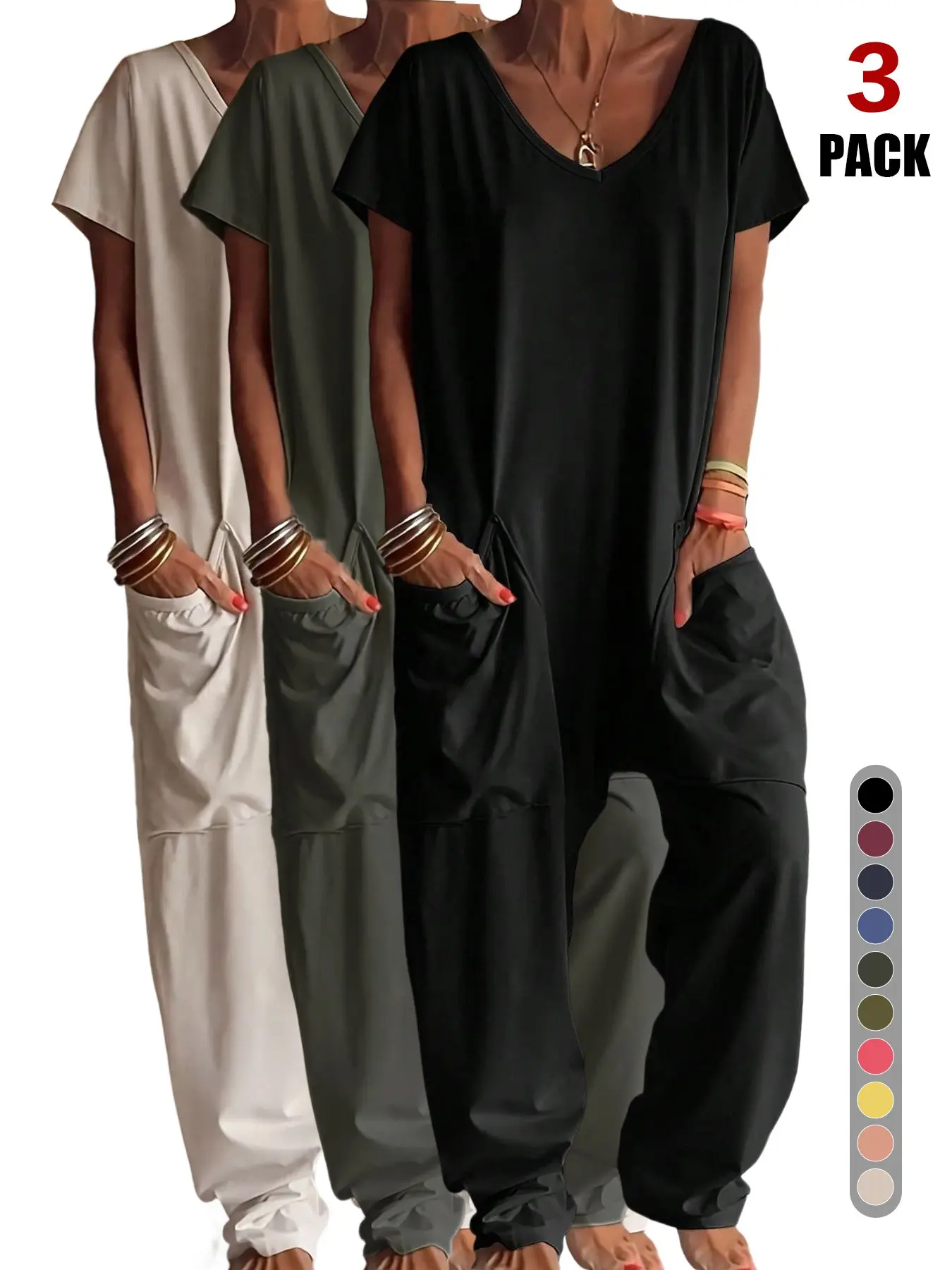 Women's Casual Fashion Baggy Loose Harem Jumpsuit, Short-Sleeve V-Neck, High Waist, Pockets, Long/regular, Plain Pattern, All Seasons, Stylish & Comfortable