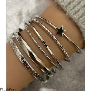 Set of 6 Women's Vintage Star Bracelets Stackable Style Casual Party Jewelry Minimalist Layered Accessories Durable Zinc Alloy All-Season Wear Perfect Gift Choice