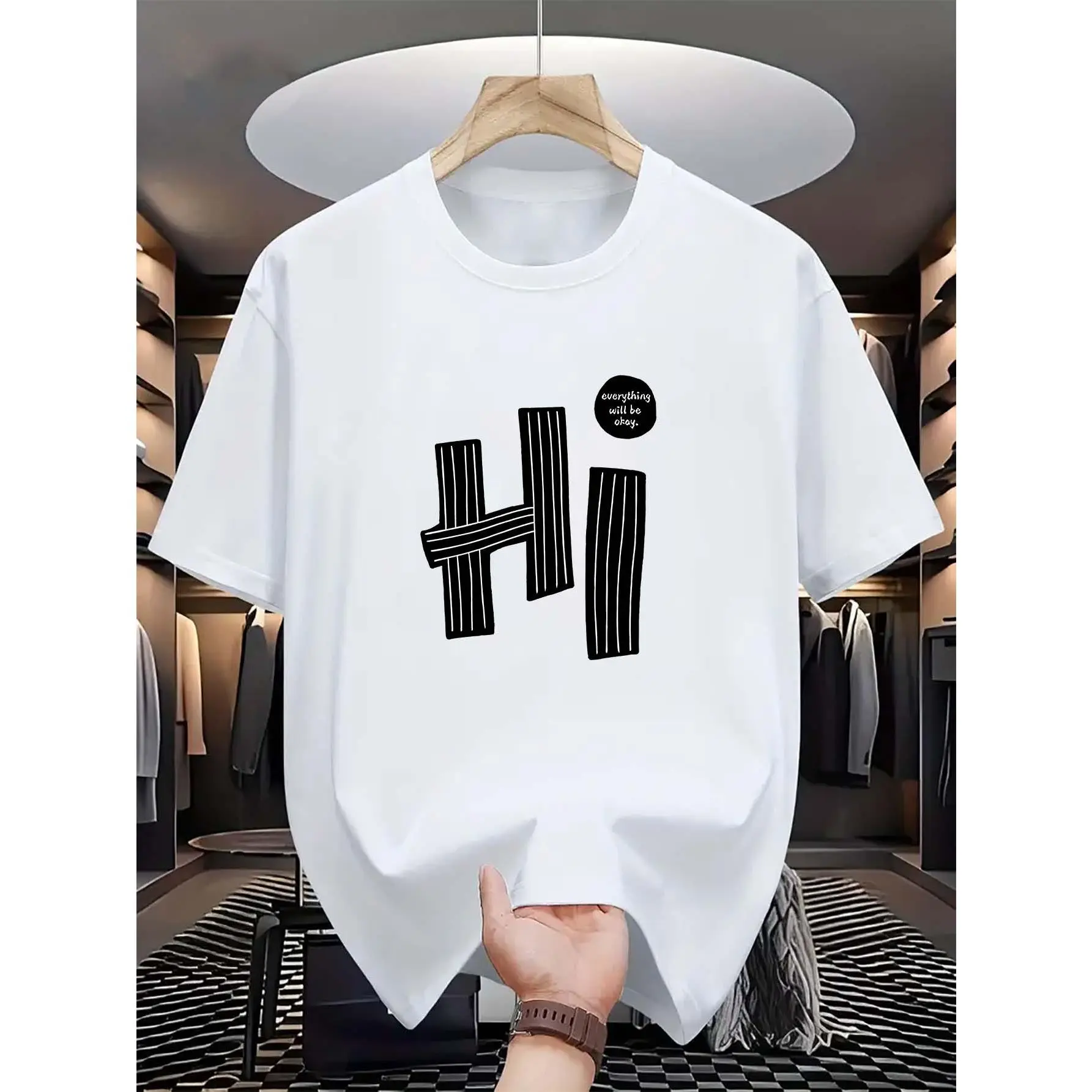 "Hi" Letter, Pattern Print, Men'S T-Shirt, Men'S Novelty Pattern Design T-Shirt, Summer Casual Comfortable T-Shirt, Fashion Short Sleeve Comfortable Versatile Summer T-Shirt Top Round Neck Menswear Shortsleeve Polyester