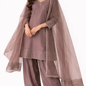 Ladies Formal Raw Silk Fabric Farshi Shalwar Dress With Elegant Design Pattern & Organza Dupatta For Formal Events Colour Mouve