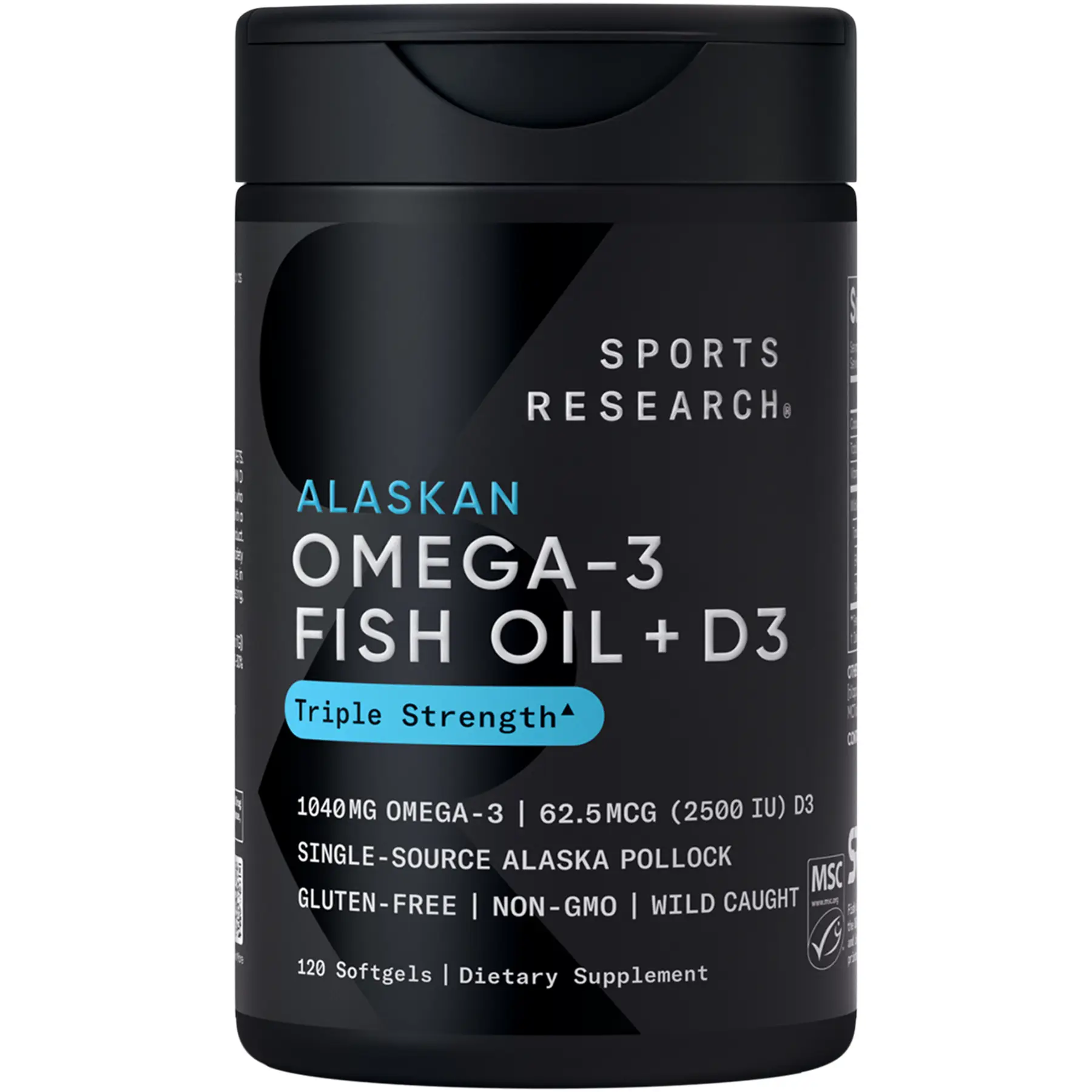 Sports Research Triple Strength Omega-3 from Wild Alaska Pollock with Vitamin D3 - 1040 mg Omega-3 and 62.5 mcg D3 - 120 Softgels