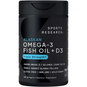 Sports Research Triple Strength Omega-3 from Wild Alaska Pollock with Vitamin D3 - 1040 mg Omega-3 and 62.5 mcg D3 - 120 Softgels