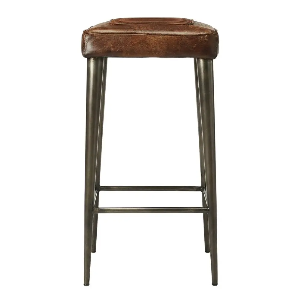 Backless Industrial Counter Stool with Leather Rectangular Seat, 320lb Capacity, Distressed Finish, Arm-Free Design, Floor Protectors for Kitchen