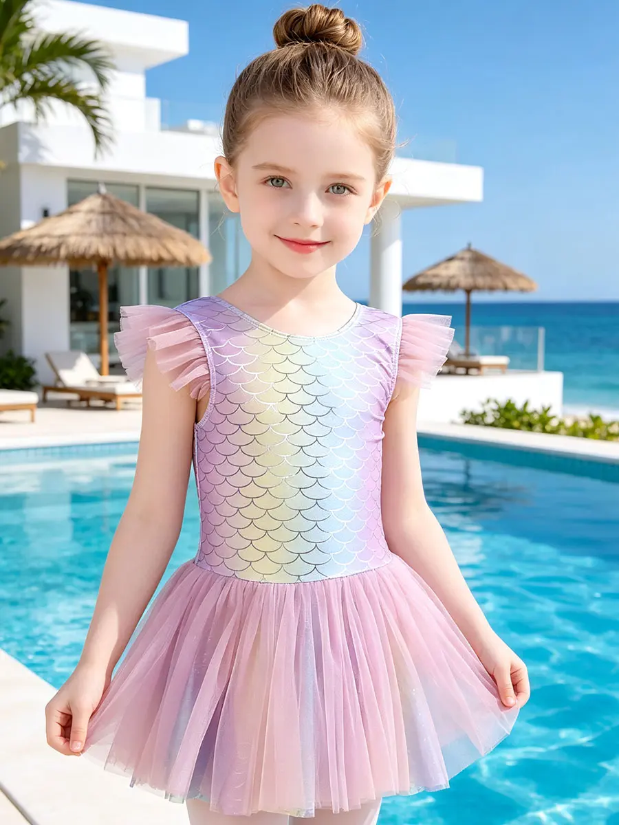 Girls' Folded Ruffle 1-piece Swimsuit with Flowy Skirt, Gradient Scale Print, Quick-Dry Elastane with Slight Stretch for Ages 3-12 Yrs, Folded Ruffles