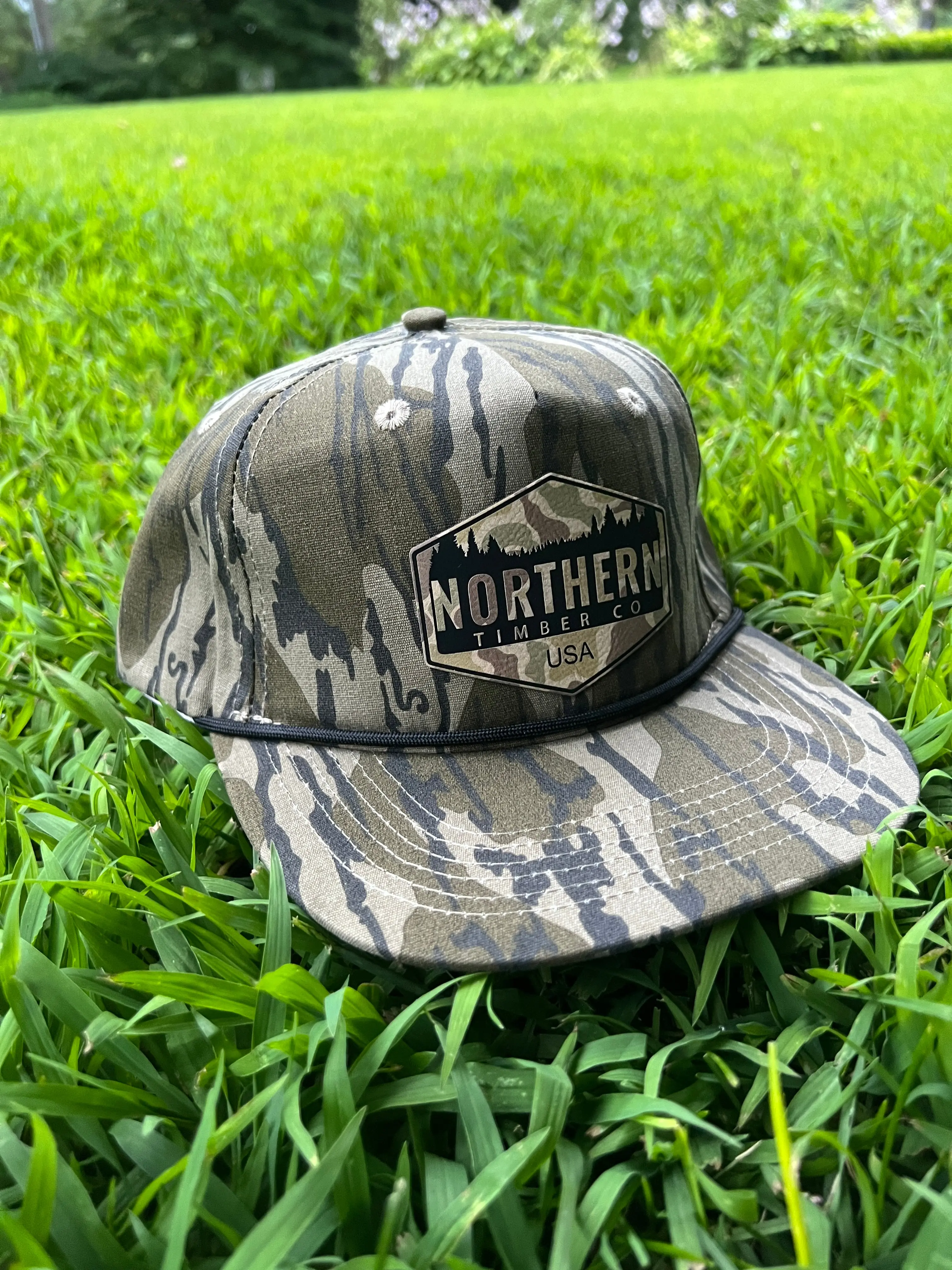 Bottomland Camouflage Baseball Cap with Patch Emblem and Rope Detail, Adjustable Unisex Snapback for Outdoorsy Adventure & Campfire / BBQ Party, Fashion, Clothes