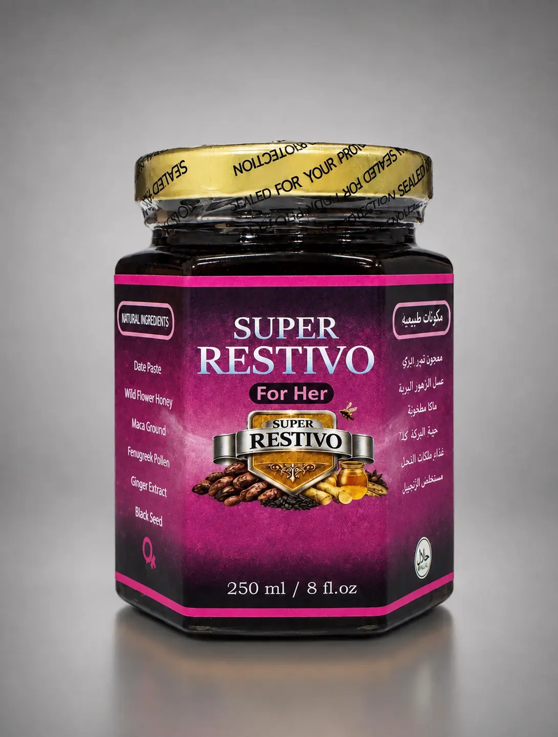 Super Restivo For Her Honey blend 250 ml | Date Pasta, Wild Flower Honey,  Fresh Royal Jelly, Ginger & Black Seed| Halal| 8 fl Oz