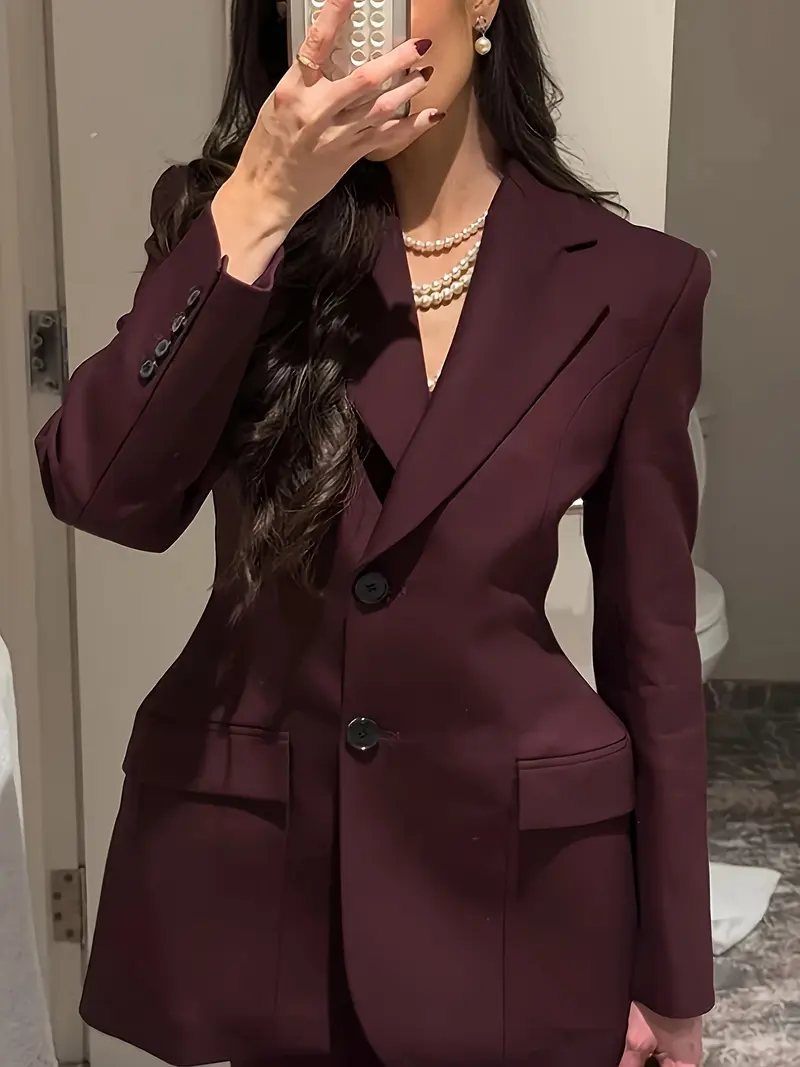 Vintage Wine Classic Collar Blazer Jacket, Elegant Fitted Design, Spring & Fall Fashion, Plain Pattern, Women's Outerwear