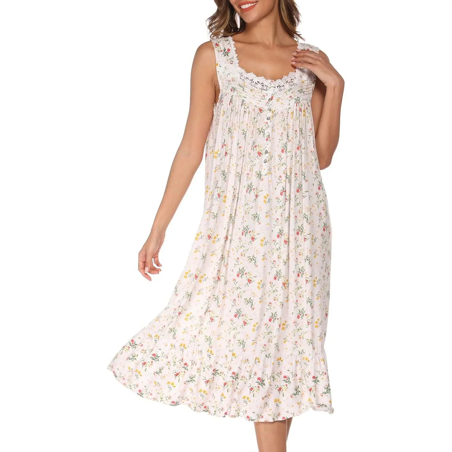 Women's Sleeveless Cotton Nightgown - Comfy Floral Print Loungewear Clothes with Pockets, Button-Accented Stretchy Pleated Fabric Nightdress, Size Chart, Lady, Smooth, Stretchy Fit, Side Pockets, Lacy, Multi-Size, Nightwear, Soft, All Seasons, Lotus, Mult