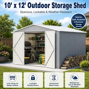 Elon 10x12 Galvanized Steel Storage Shed Heavy Duty Metal Garden Tool Shed with Floor Frame Kit Gray Weather Resistant Double Lockable Doors Garage Alternative Backyard Makeover Outdoor Equipment Organization Lifestyle Solutions