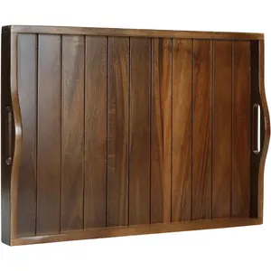 Large Acacia Wooden Serving Tray with Handles 20 x 14 inch Decorative Coffee Table Ottoman Tray for Living Room  for Kitchen Dinner  Bar Breakfast in Bed (Color Brown)