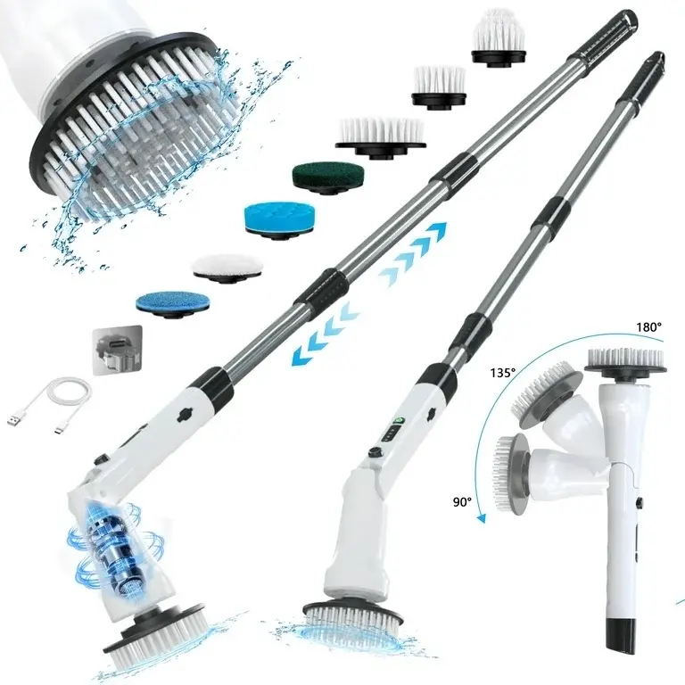 2026 New Model Electric Spin Scrubber Cordless IPX7 Waterproof Multi-Surface Cleaning Brush Long Battery Life Adjustable Speed Extendable Handle Multi-Purpose Kit for Bathroom Kitchen Durable Powerful-Multifunction shower scrubber HolidayHaul