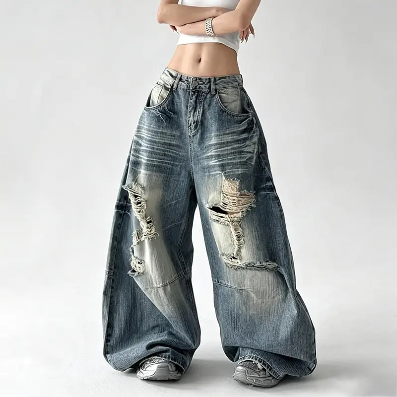Women’s vintage gradient washed frayed wide-leg jeans, high-waisted loose fit, oversized Y2K post-apocalyptic street casual denim bottoms, wide-leg parachute jeans, hip-hop vintage jazz dance curved-cut pants