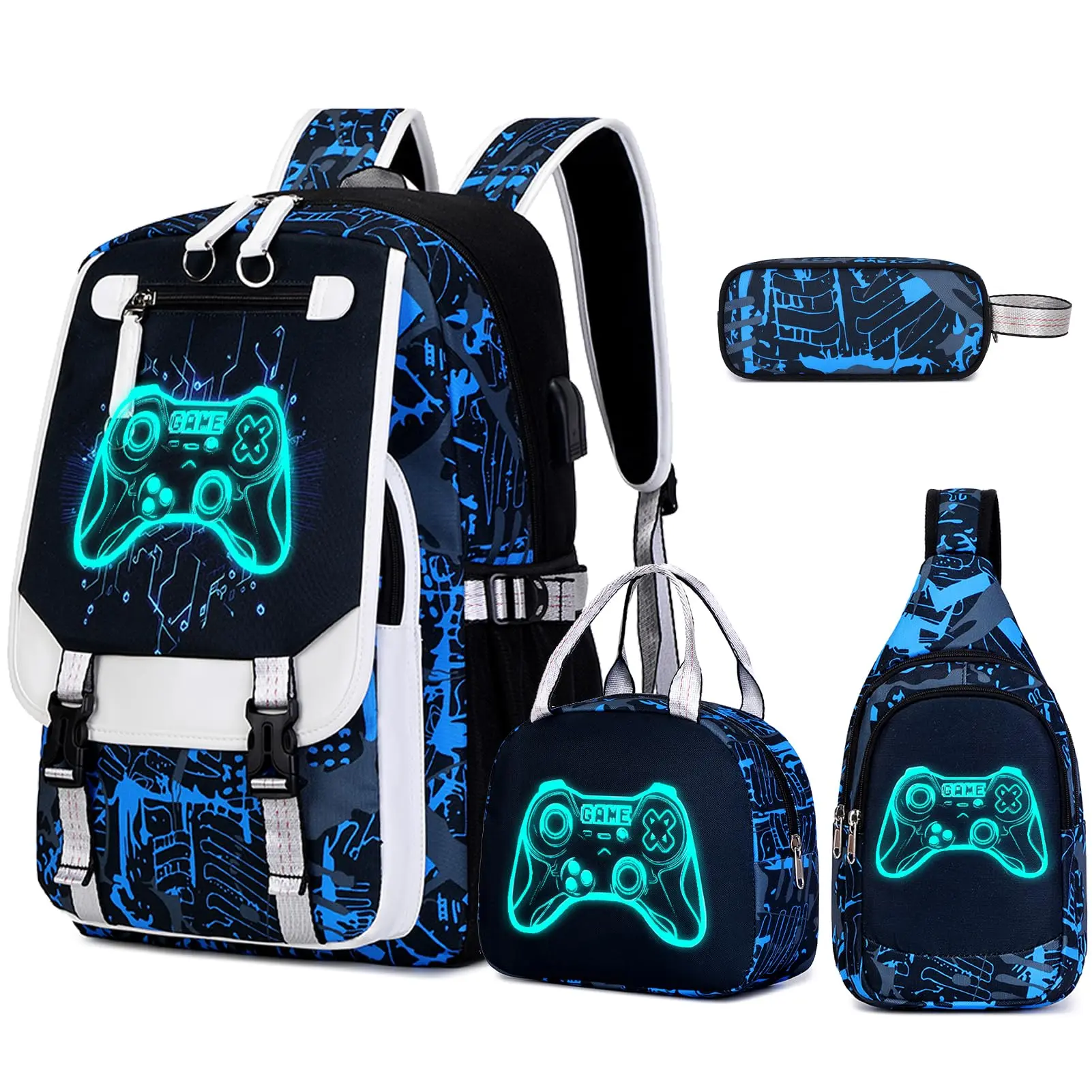 Similove 4PCS Backpack Set for Boys, Bookbag Glow In The Dark, Cool Luminous Boys Backpack with Lunch Bag & Pen Case, Sling Bag School Bags for Kids Children Teens Elementary Middle Schools,