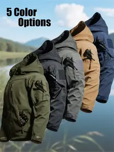 Men's Outdoor Fall Winter Tactical Jacket, Soft Shell Fleece Windbreaker, Hooded Large Pockets, Durable Warm Sportswear for Hiking Camping Fishing, Soft Shell Jackets, Sport Outdoor Clothing