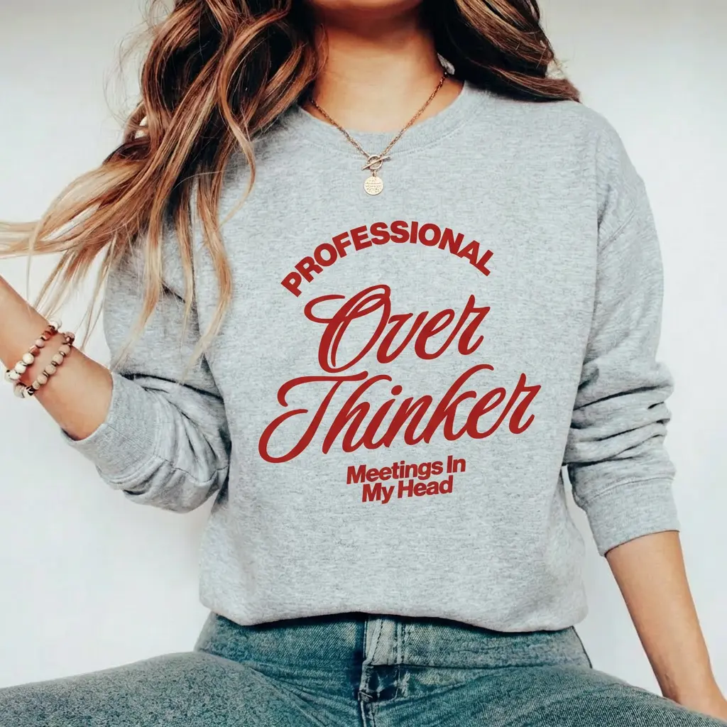 Women's Cotton Fabric Round Neck Tops - Professional Overthinker Printed Unisex Crewneck Sweatshirt, USA-Made, Comfortable Solid Design