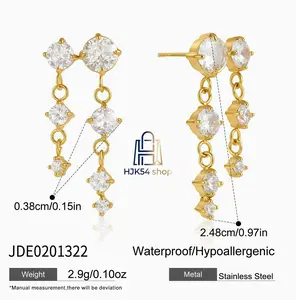 Gold Plated Asymmetric CZ Drop Earrings, Hypoallergenic Stainless Steel Dangle Earrings, Waterproof Cubic Zirconia Chain Earrings, Minimalist Statement Jewelry for Women, Wedding & Everyday Wear