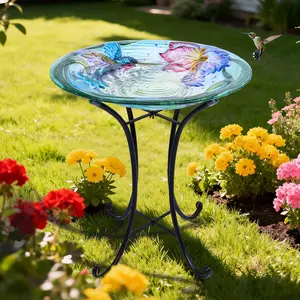 Bird Bath-Outdoor Glass Birdbath - Bird Baths for Outdoors Hummingbird with Metal Stand for Garden Lawn Yard Decor, Glass Base, Led Glow